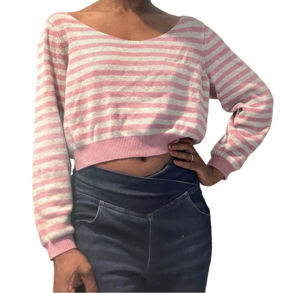 Free people gray pink striped crop off the shoulder sweater pullover size XS